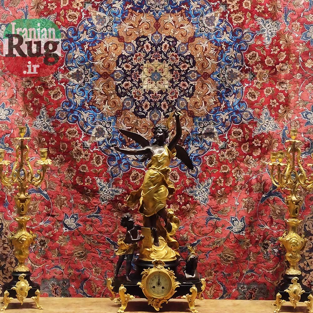 ISFAHAN-PERSIAN-Rug-Silk-Handmade-Rug-2.5x3.5m---8x10ft-#2112R---center--in-back-of-statue