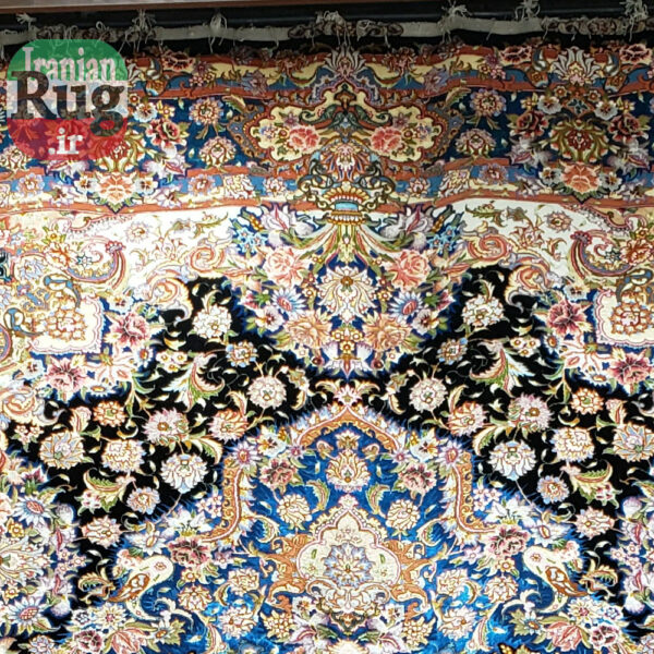 PERSIAN-Rug-TABRIZ-Handmade-Black-Salari-Rug-2.5×3.5m-–-8x10ft-#1233-hanging-wall--top