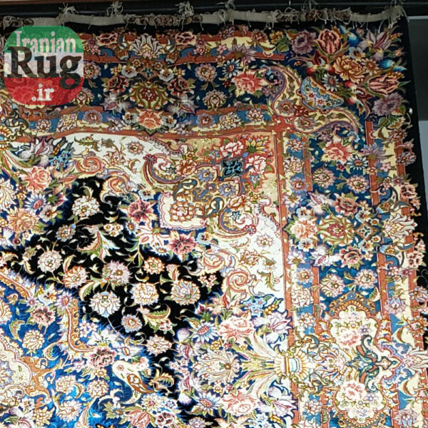 PERSIAN-Rug-TABRIZ-Handmade-Black-Salari-Rug-2.5×3.5m-–-8x10ft-#1233-hanging-wall--top-right-corner