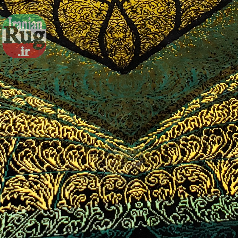 PERSIAN Green and Gold Rug Silk QOM Handmade Rug-1x1.5m-3.28x4.92ft-#2113-bottom-center-detail