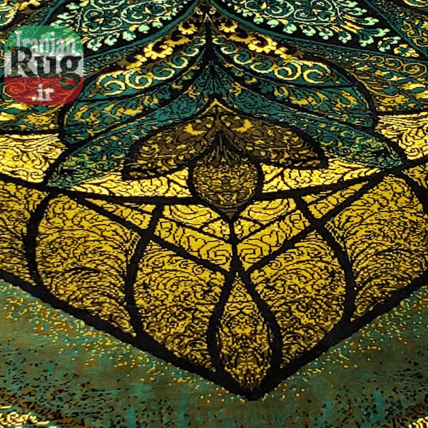 PERSIAN Green and Gold Rug Silk QOM Handmade Rug-1x1.5m-3.28x4.92ft-#2113-bottom-center-detail1