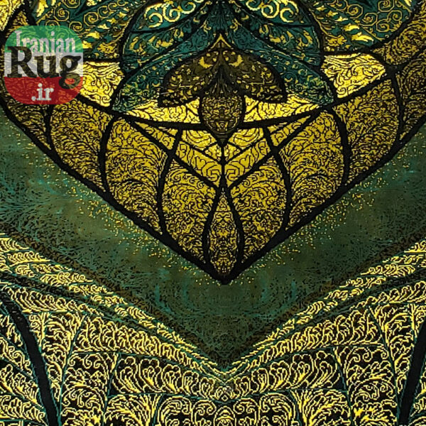 PERSIAN Green and Gold Rug Silk QOM Handmade Rug-1x1.5m-3.28x4.92ft-#2113-bottop-side