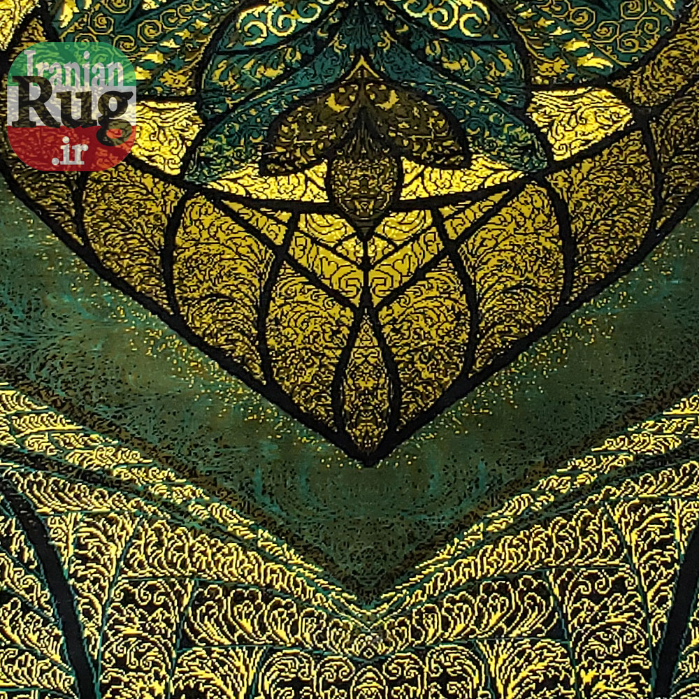 PERSIAN Green and Gold Rug Silk QOM Handmade Rug-1x1.5m-3.28x4.92ft-#2113-bottop-side