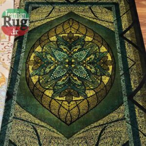 PERSIAN Green and Gold Rug Silk QOM Handmade Rug-1x1.5m-3.28x4.92ft-#2113-c