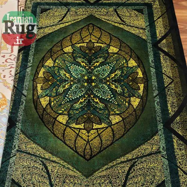 PERSIAN Green and Gold Rug Silk QOM Handmade Rug-1x1.5m-3.28x4.92ft-#2113-c