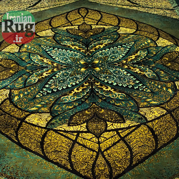 PERSIAN Green and Gold Rug Silk QOM Handmade Rug-1x1.5m-3.28x4.92ft-#2113-center-full-height