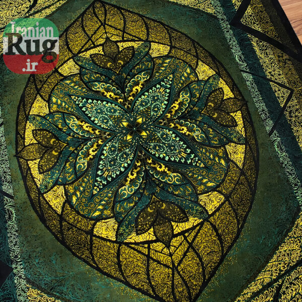 PERSIAN Green and Gold Rug Silk QOM Handmade Rug-1x1.5m-3.28x4.92ft-#2113-center-full-height2