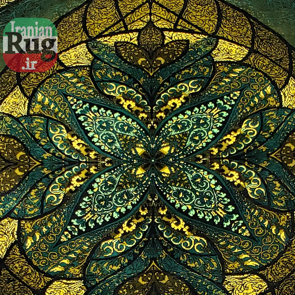 PERSIAN Green and Gold Rug Silk QOM Handmade Rug-1x1.5m-3.28x4.92ft-#2113-center-side