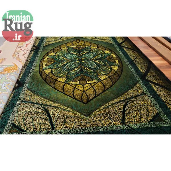 PERSIAN Green and Gold Rug Silk QOM Handmade Rug-1x1.5m-3.28x4.92ft-#2113-full-width-with-another-rug-on-top