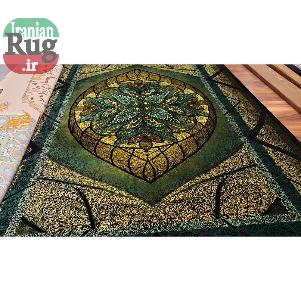 PERSIAN Green and Gold Rug Silk QOM Handmade Rug-1x1.5m-3.28x4.92ft-#2113-full-width-with-another-rug-on-top