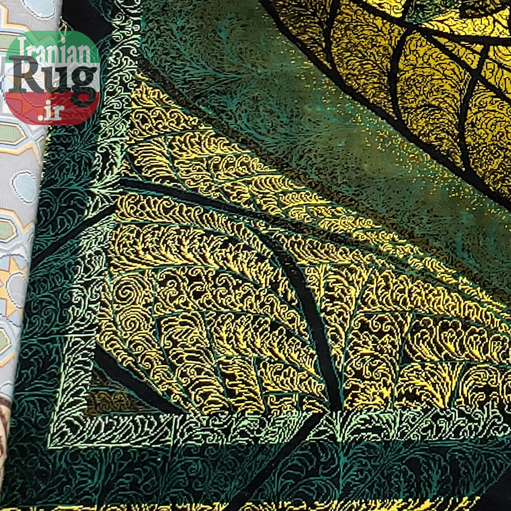 PERSIAN Green and Gold Rug Silk QOM Handmade Rug-1x1.5m-3.28x4.92ft-#2113-left-lower-corner-under-another-rug