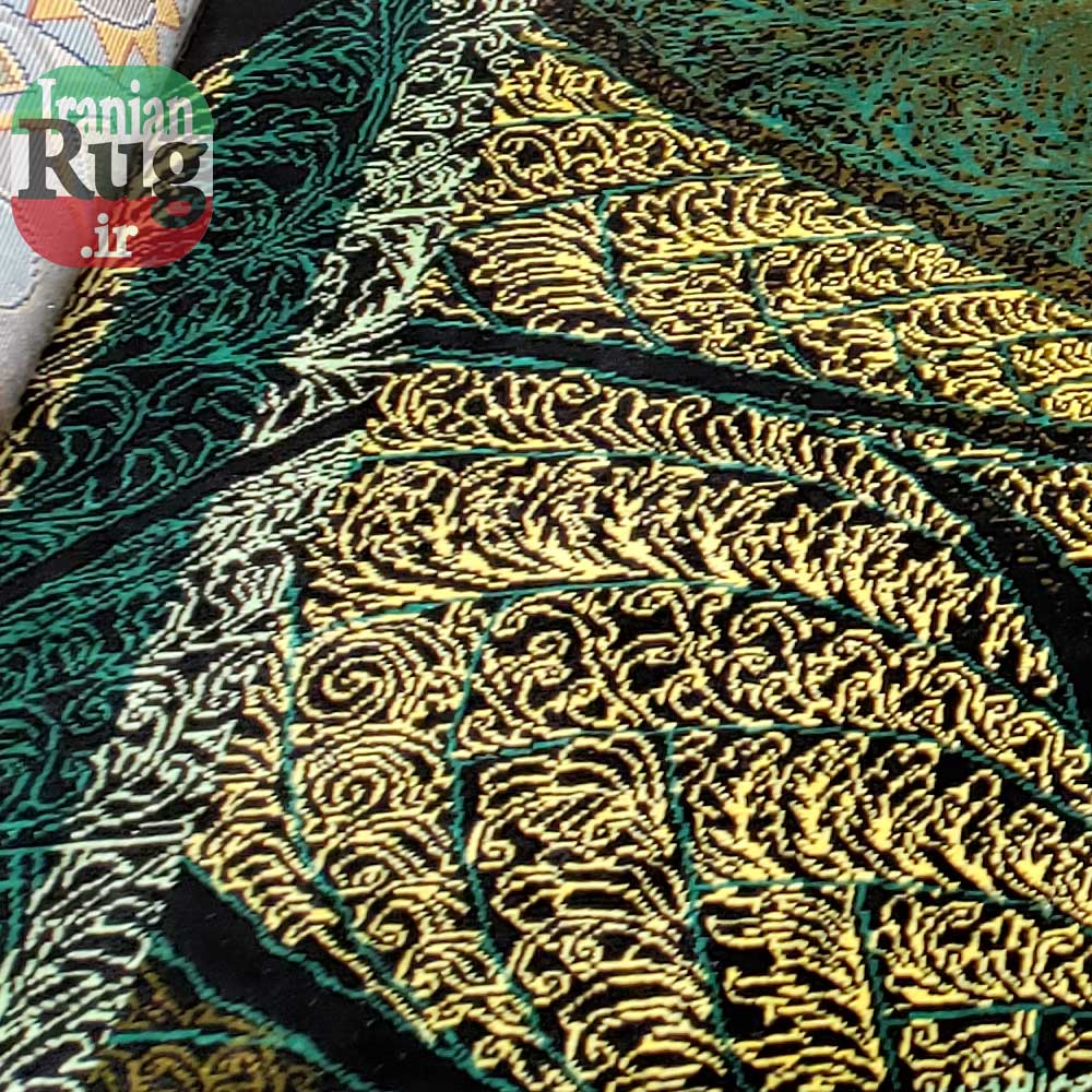 PERSIAN Green and Gold Rug Silk QOM Handmade Rug-1x1.5m-3.28x4.92ft-#2113-left-lower-corner-under-another-rug2