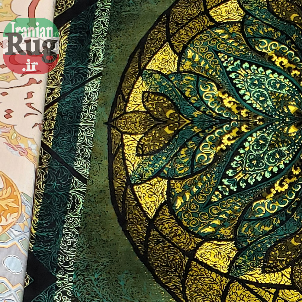 PERSIAN Green and Gold Rug Silk QOM Handmade Rug-1x1.5m-3.28x4.92ft-#2113-left-side2