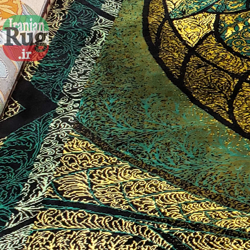 PERSIAN Green and Gold Rug Silk QOM Handmade Rug-1x1.5m-3.28x4.92ft-#2113-left-side4