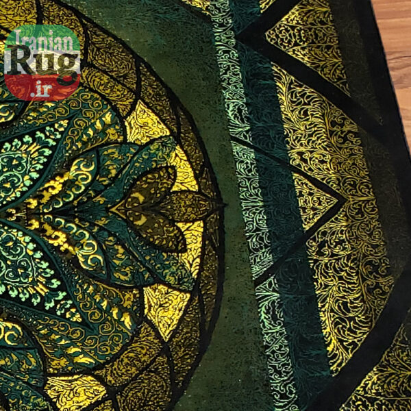 PERSIAN Green and Gold Rug Silk QOM Handmade Rug-1x1.5m-3.28x4.92ft-#2113-right-side