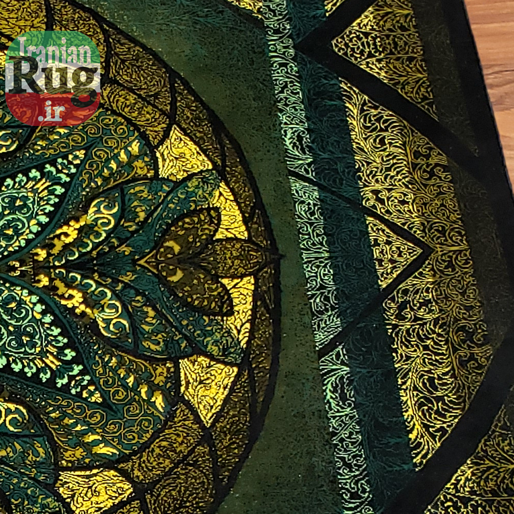 PERSIAN Green and Gold Rug Silk QOM Handmade Rug-1x1.5m-3.28x4.92ft-#2113-right-side