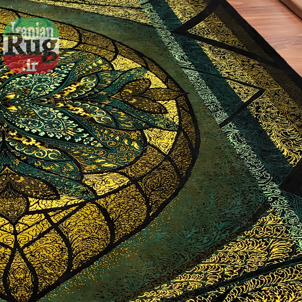 PERSIAN Green and Gold Rug Silk QOM Handmade Rug-1x1.5m-3.28x4.92ft-#2113-right-side3