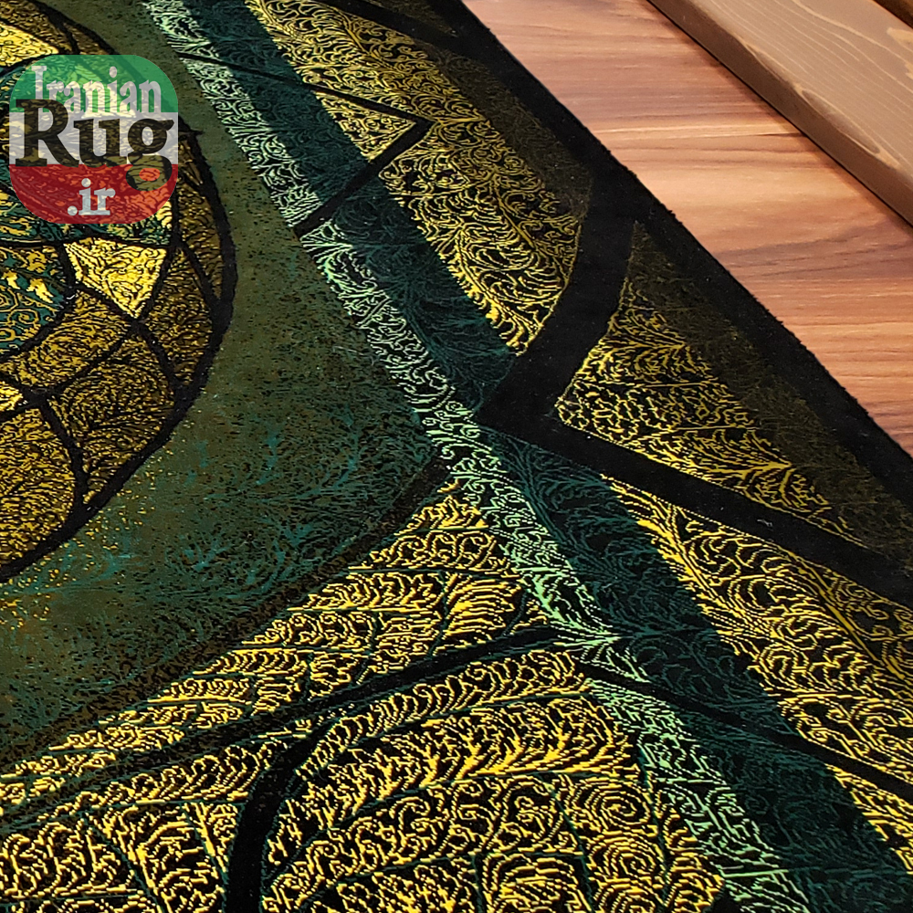 PERSIAN Green and Gold Rug Silk QOM Handmade Rug-1x1.5m-3.28x4.92ft-#2113-right-side4