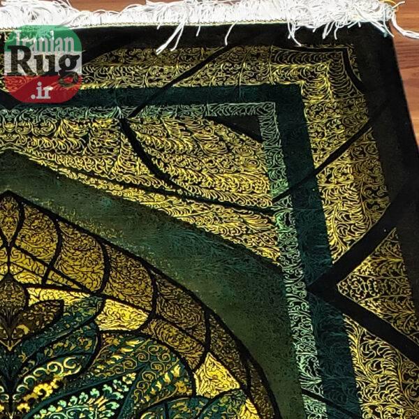 PERSIAN Green and Gold Rug Silk QOM Handmade Rug-1x1.5m-3.28x4.92ft-#2113-right-top-side