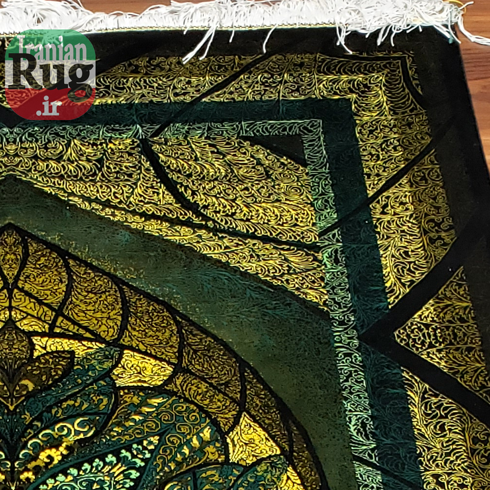 PERSIAN Green and Gold Rug Silk QOM Handmade Rug-1x1.5m-3.28x4.92ft-#2113-right-top-side