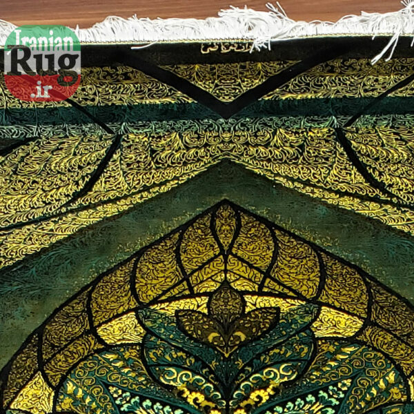 PERSIAN Green and Gold Rug Silk QOM Handmade Rug-1x1.5m-3.28x4.92ft-#2113-top-side