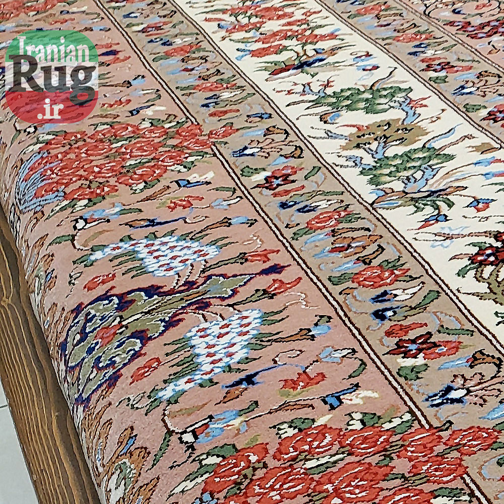 PERSIAN-Rug-KASHMAR-Handmade-Rug-Floral-Design-2x3m-6x9ft-#8105-left-side-and-brown-wood-stand