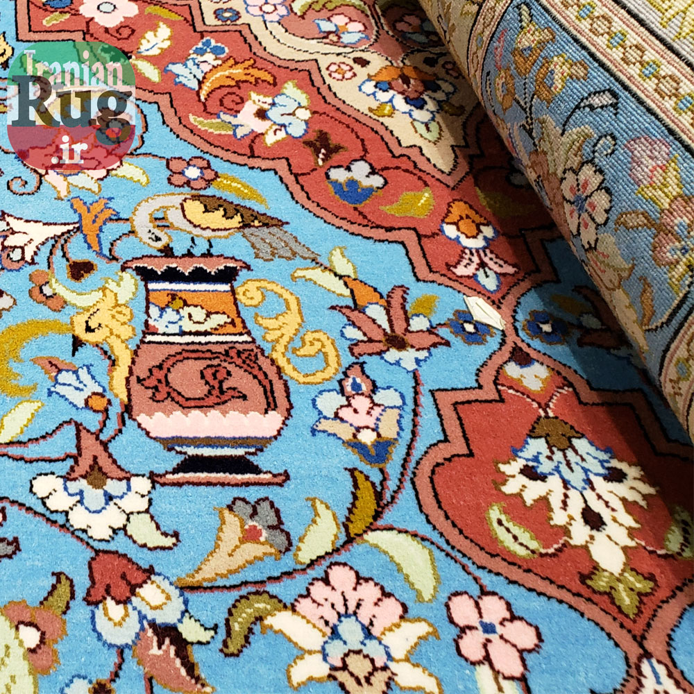 PERSIAN-Rug-KHANSAR-Handmade-Rug-Blue-Pictorial-Hunting-Design-2x3m-6x9ft-#8106-center-side-details