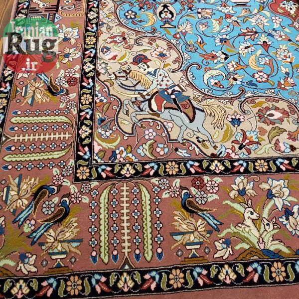 PERSIAN-Rug-KHANSAR-Handmade-Rug-Blue-Pictorial-Hunting-Design-2x3m-6x9ft-#8106-corner-and-bottom