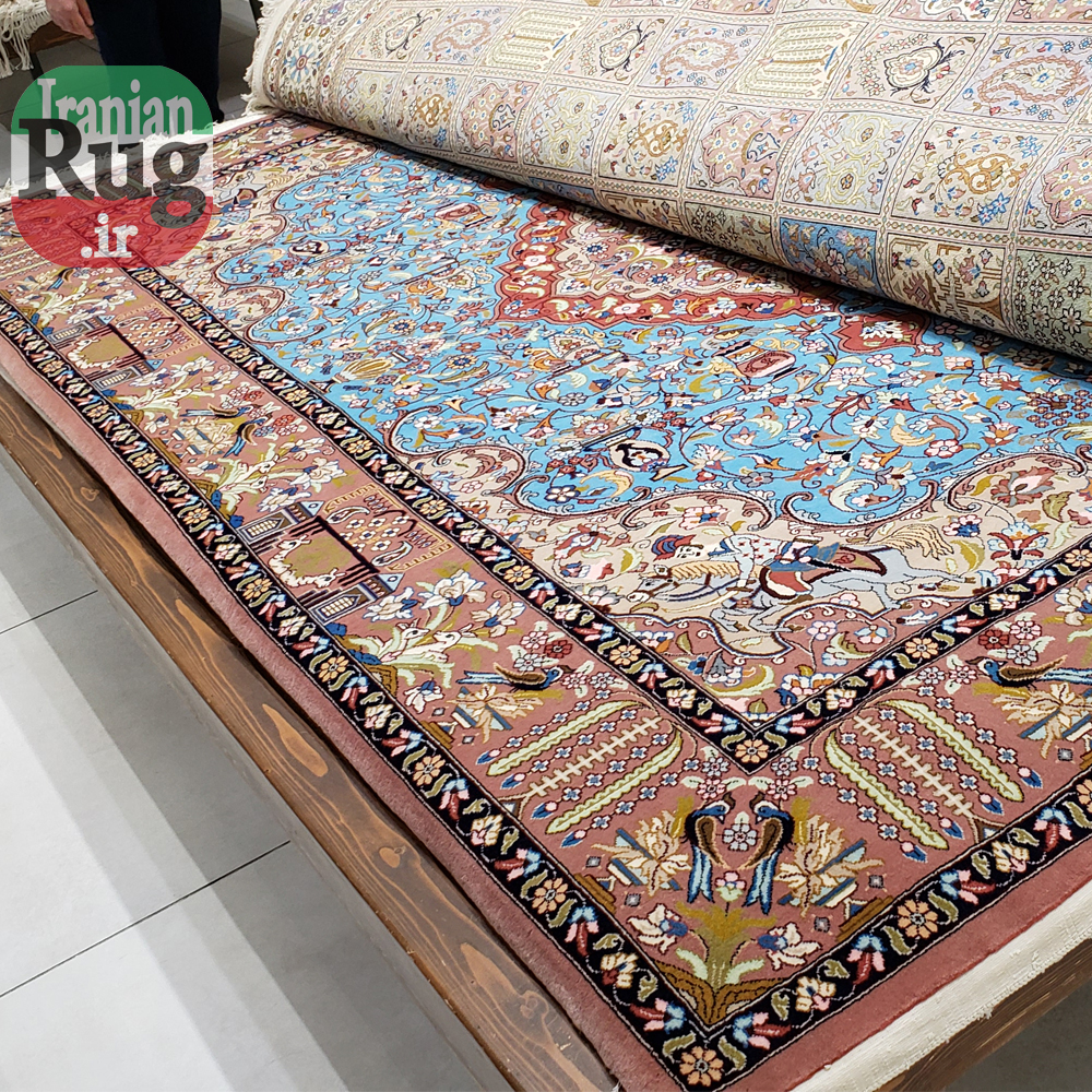 PERSIAN-Rug-KHANSAR-Handmade-Rug-Blue-Pictorial-Hunting-Design-2x3m-6x9ft-#8106-perspective-view