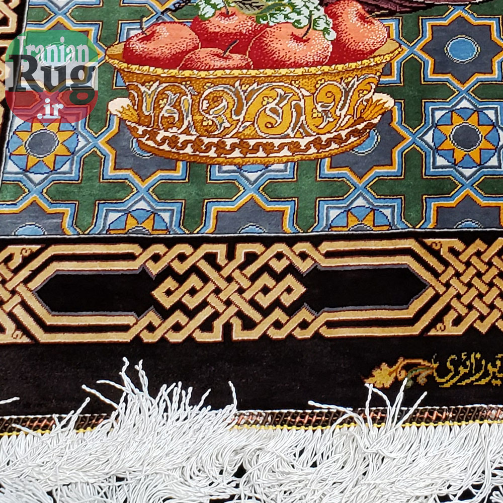 PERSIAN-Rug-Silk-QOM-Handmade-Rug-Harp-Player-1x1.4m-3.28x4.6ft-#2114-bottom-left