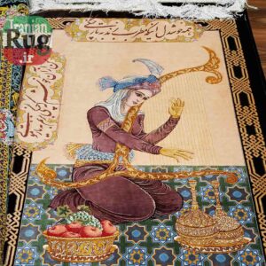 PERSIAN-Rug-Silk-QOM-Handmade-Rug-Harp-Player-1x1.4m-3.28x4.6ft-#2114--c