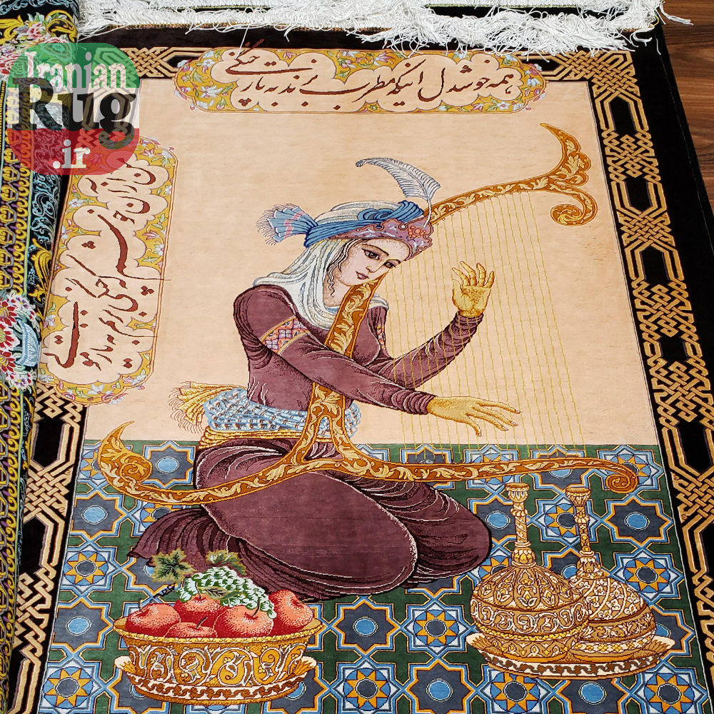 PERSIAN-Rug-Silk-QOM-Handmade-Rug-Harp-Player-1x1.4m-3.28x4.6ft-#2114--full-resolution