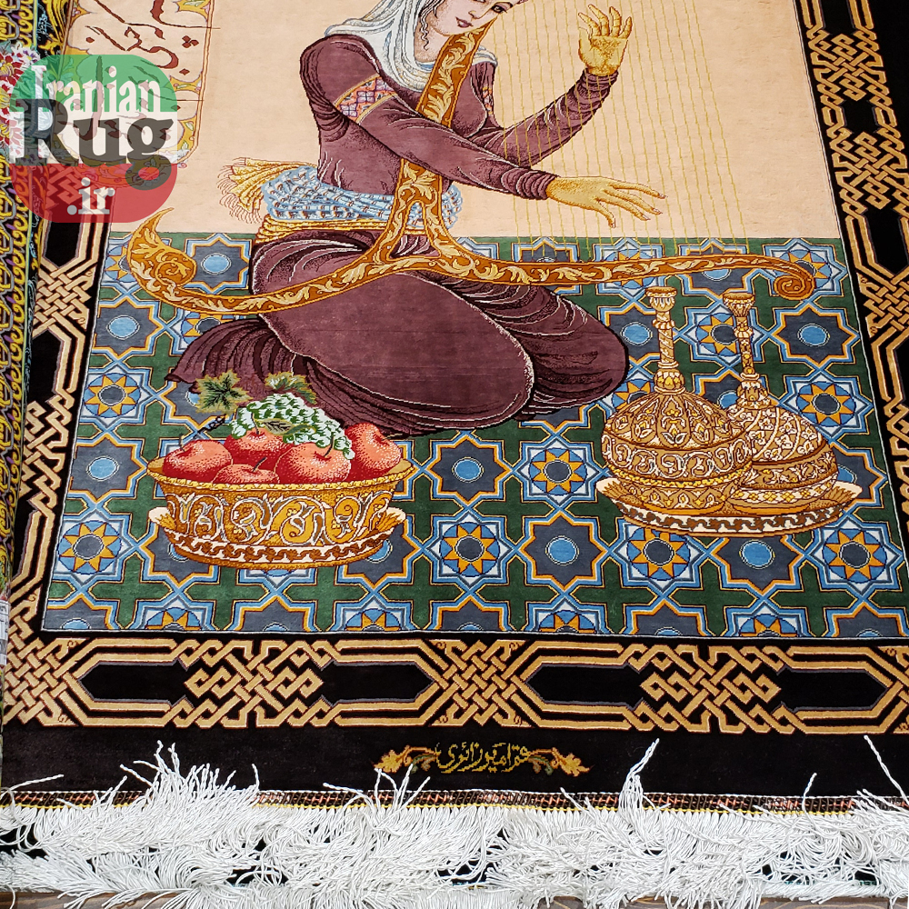 PERSIAN-Rug-Silk-QOM-Handmade-Rug-Harp-Player-1x1.4m-3.28x4.6ft-#2114--full-resolution2
