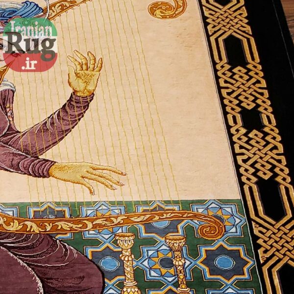 PERSIAN-Rug-Silk-QOM-Handmade-Rug-Harp-Player-1x1.4m-3.28x4.6ft-#2114-right-side