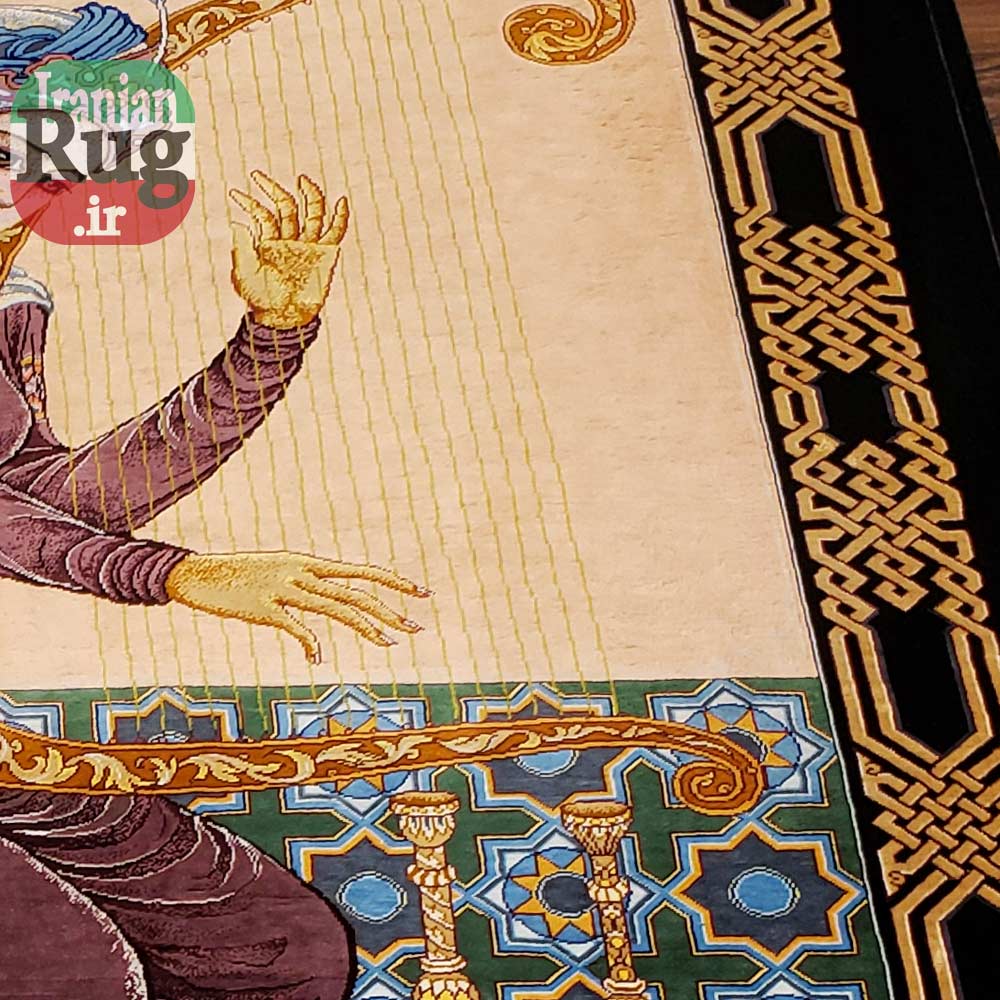 PERSIAN-Rug-Silk-QOM-Handmade-Rug-Harp-Player-1x1.4m-3.28x4.6ft-#2114-right-side