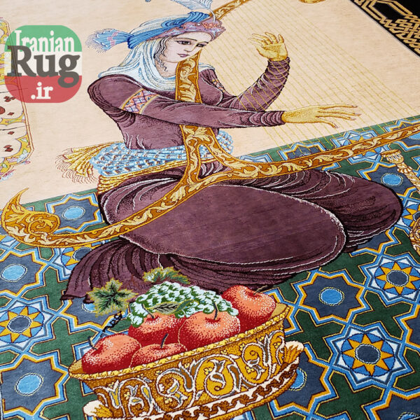 PERSIAN-Rug-Silk-QOM-Handmade-Rug-Harp-Player-1x1.4m-3.28x4.6ft-#2114-silk-shine-in-obliaue-direction