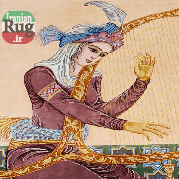 PERSIAN-Rug-Silk-QOM-Handmade-Rug-Harp-Player-1x1.4m-3.28x4.6ft-#2114--tar-player