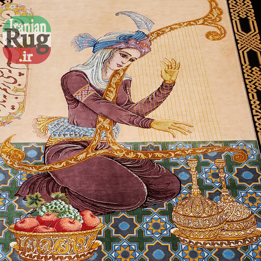 PERSIAN-Rug-Silk-QOM-Handmade-Rug-Harp-Player-1x1.4m-3.28x4.6ft-#2114--tar-player2