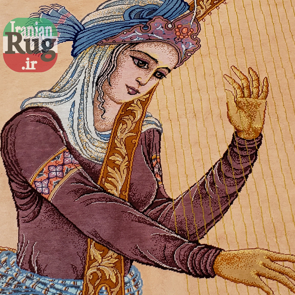 PERSIAN-Rug-Silk-QOM-Handmade-Rug-Harp-Player-1x1.4m-3.28x4.6ft-#2114--tar-player3