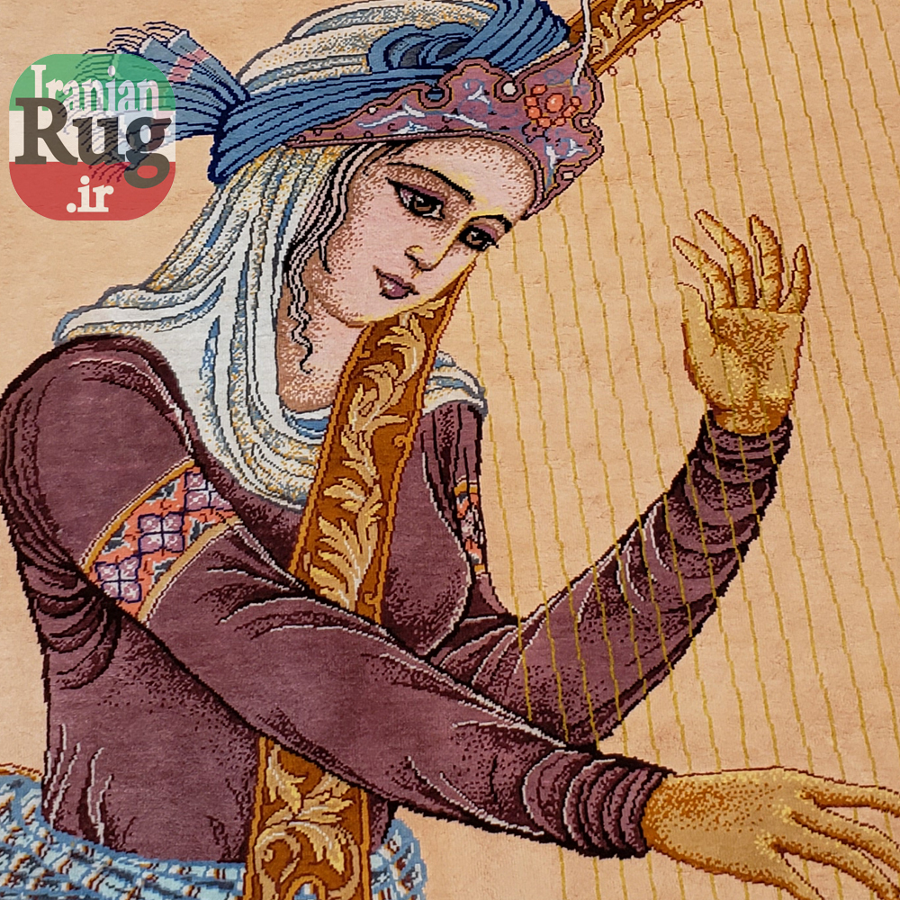 PERSIAN-Rug-Silk-QOM-Handmade-Rug-Tar-Player-1x1.4m-3.28x4.6ft-#2114--Harp-player4