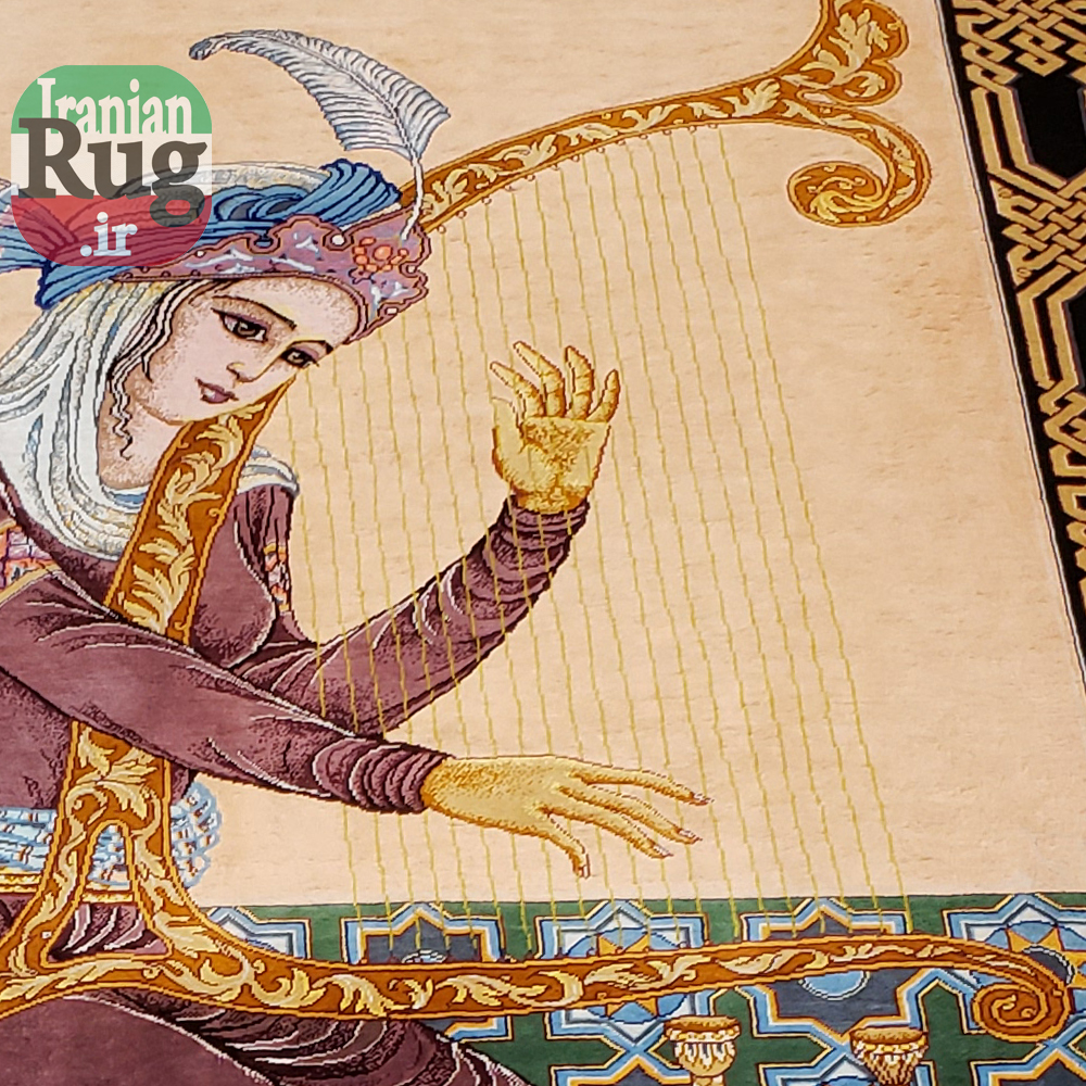 PERSIAN-Rug-Silk-QOM-Handmade-Rug-Harp-Player-1x1.4m-3.28x4.6ft-#2114--the-tar