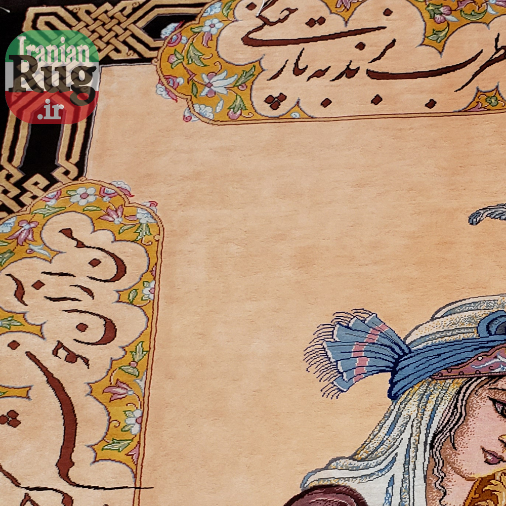 PERSIAN-Rug-Silk-QOM-Handmade-Rug-Harp-Player-1x1.4m-3.28x4.6ft-#2114-top-left-corner
