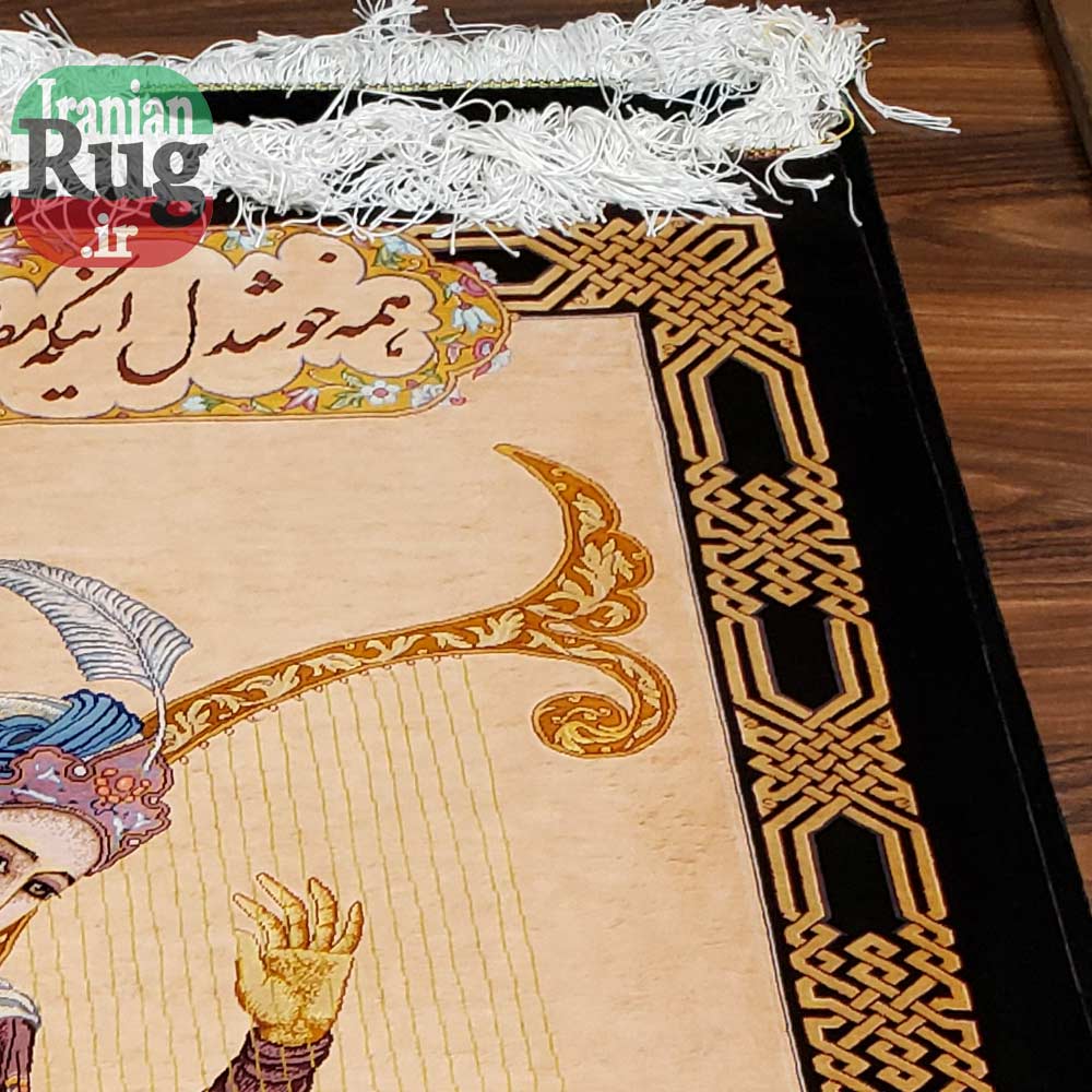 PERSIAN-Rug-Silk-QOM-Handmade-Rug-Harp-Player-1x1.4m-3.28x4.6ft-#2114-top-right-corner