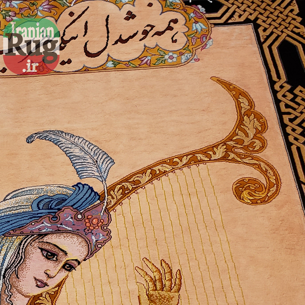 PERSIAN-Rug-Silk-QOM-Handmade-Rug-Harp-Player-1x1.4m-3.28x4.6ft-#2114-top-right-corner2
