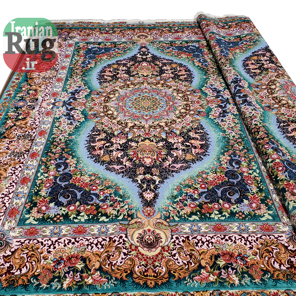 Iranian-PERSIAN-TABRIZ-Handmade-Blue-Luxury-Rug-by-Novinfar,-The-Sun-2x3m--6x9ft-#1143--Full-