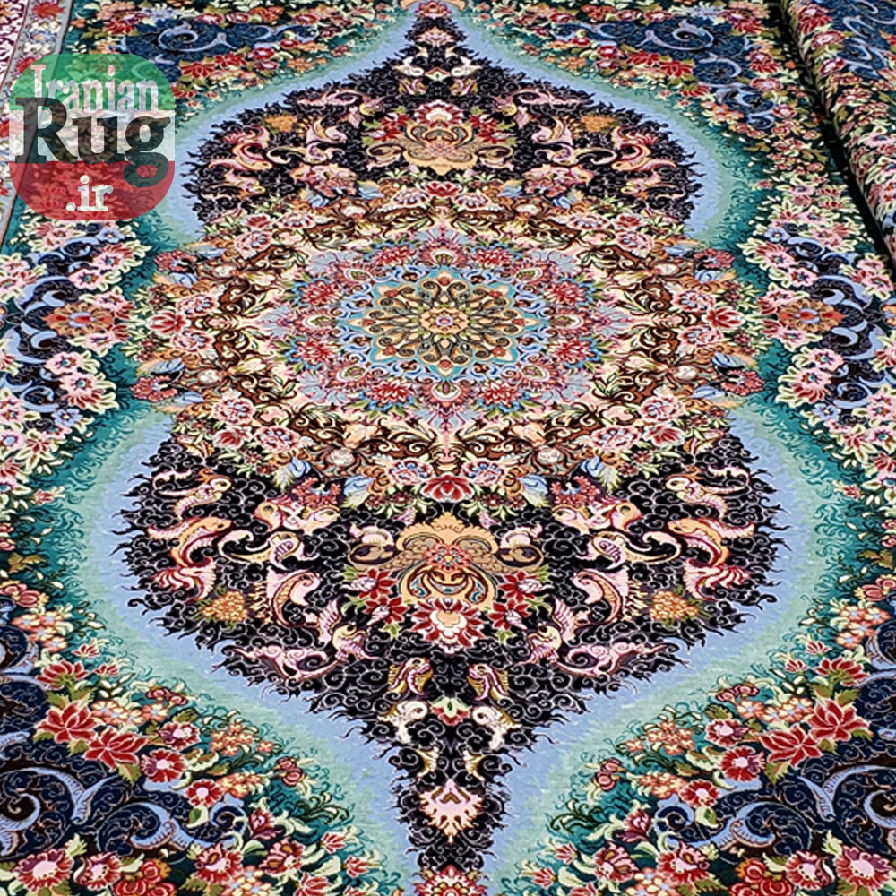 Iranian-PERSIAN-TABRIZ-Handmade-Blue-Luxury-Rug-by-Novinfar,-The-Sun-2x3m--6x9ft-#1143--center--