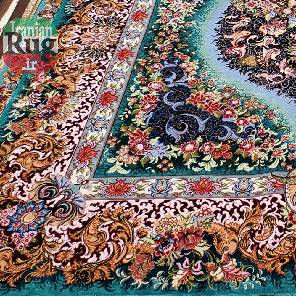 Iranian-PERSIAN-TABRIZ-Handmade-Blue-Luxury-Rug-by-Novinfar,-The-Sun-2x3m--6x9ft-#1143-corner--