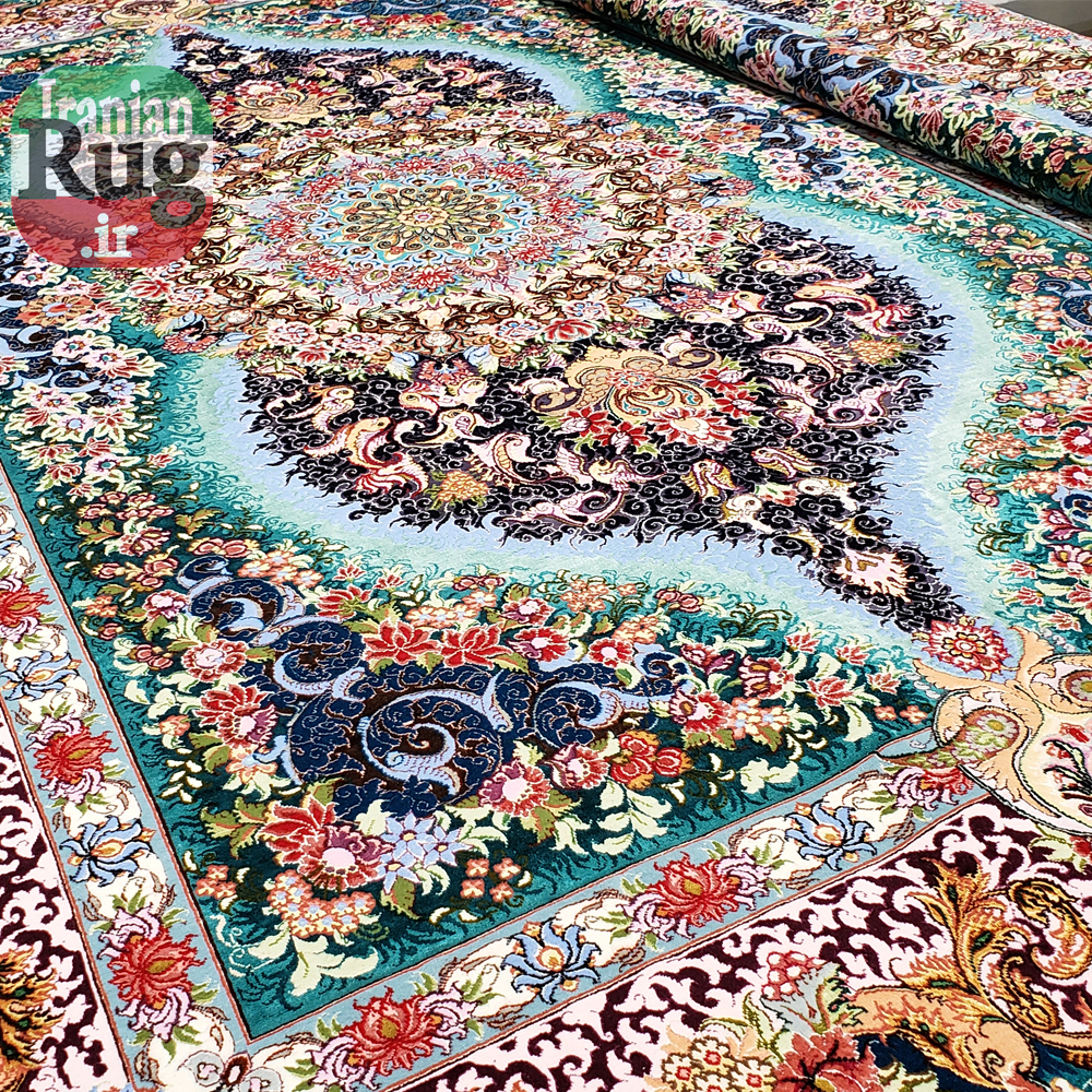 Iranian-PERSIAN-TABRIZ-Handmade-Blue-Luxury-Rug-by-Novinfar,-The-Sun-2x3m--6x9ft-#1143--perspective-