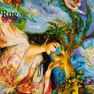 Persian-Handwoven-Pictorial-Rug-Miniature-Lady-and-Deer